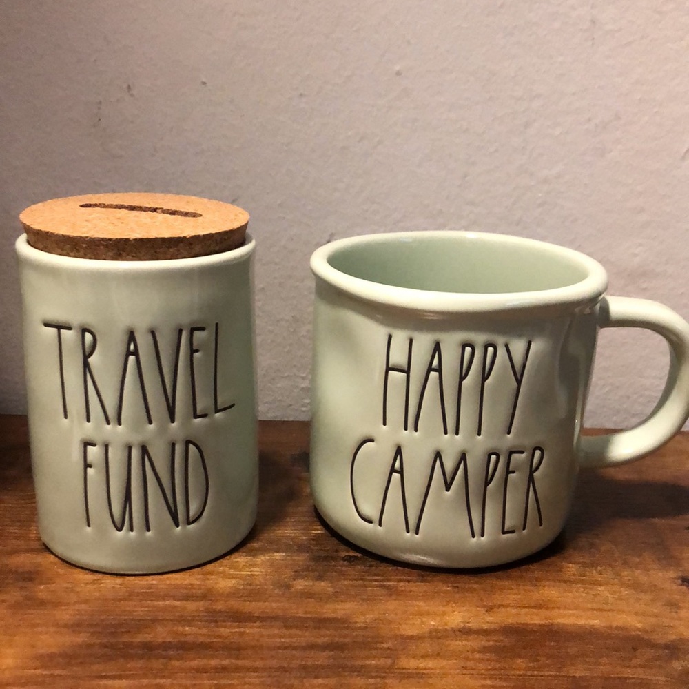 Rae Dunn  TRAVEL FUND coin Bank & HAPPY CAMPER MUG set